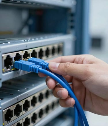 A professional wide shot of an engineer's hand connecting a blue fiber optic cable into a network switch. The lighting is crisp and technological, highlighting metallic textures and the brand's blue tones (#1F4A6D, #60A5FA).