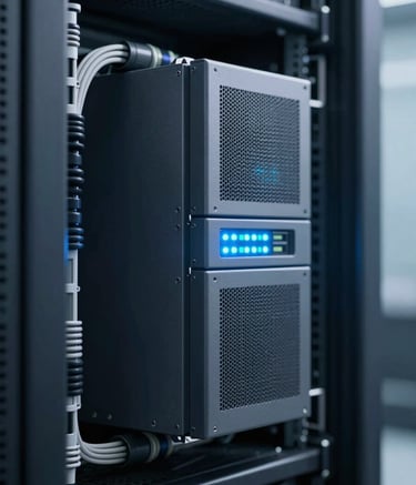 A close-up of a high-end enterprise firewall appliance mounted in a server rack, with glowing status LEDs in shades of #60A5FA. The environment is a clean, professional data center with cable management, using a color palette of #0A192F and #F0F4F8.