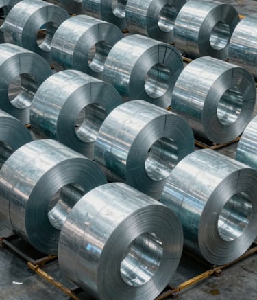 A high-angle professional photograph of a well-organized industrial warehouse featuring stacked aluminum coils and steel beams. The lighting is clean and bright, emphasizing a modern and efficient workspace. Muted teal and cool grey tones dominate the scene, reflecting a Global / Industrial B2B environment.