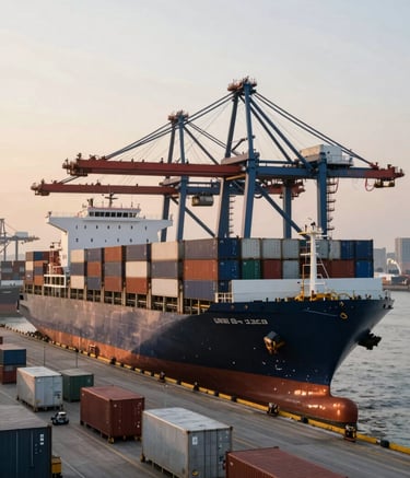 A crisp, professional wide shot of a commercial shipping port at dawn. Large container ships are being loaded with industrial goods. The atmosphere is efficient and reliable, with a color palette of dark navy and off-white. Global / Industrial B2B setting.