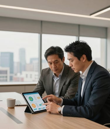 A premium lifestyle shot of professionals in a high-end, minimalist office space overlooking a city skyline. They are reviewing food creator analytics on a tablet. The style is sophisticated, modern, and warm, featuring colors like #A3BFB0 and #0D1C16.