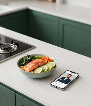 A top-down editorial shot of a sleek, modern kitchen counter. On the counter is a beautifully plated high-protein salmon meal prep bowl next to a high-end smartphone displaying a fitness creator's profile. Lighting is bright, natural, and crisp with abundant white space and deep forest green accents in the decor (#1A4D2E).