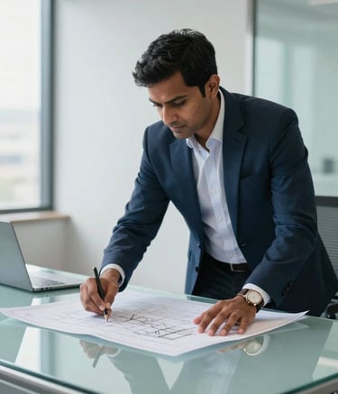 A professional South Asian / Indian real estate consultant in a clean, modern office in Noida, dressed in business attire, reviewing blueprints on a large glass desk. Bright, natural lighting reflecting a professional atmosphere with muted blue and pale blue accents.