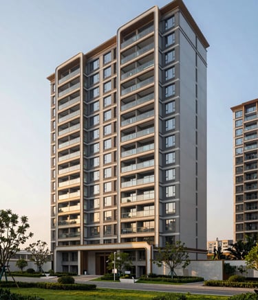 A high-definition architectural photograph of a luxury high-rise residential complex in Noida during the golden hour. The building features modern Indian design with clean lines, glass balconies, and manicured landscaping in the foreground.