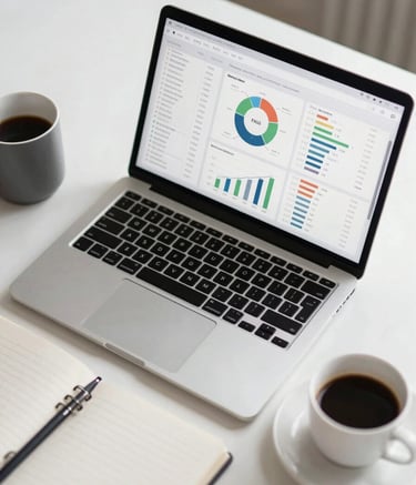 A top-down view of a professional workspace in the US, showing a laptop with analytics dashboards, a cup of coffee, and a notebook on a clean white desk. The lighting is crisp and the mood is result-oriented and focused.