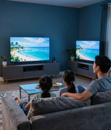 A happy family in a contemporary North American / US living room, relaxing together while watching a high-definition television show. The room is decorated in modern Ocean Blue and Dark Navy tones with soft evening lighting.