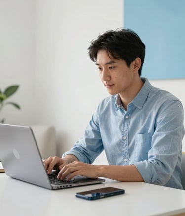 A professional person in a bright North American / US home office, efficiently working on a laptop with a smartphone nearby. The setting is clean and modern, featuring Cloud White walls and Sky Blue decor accents.