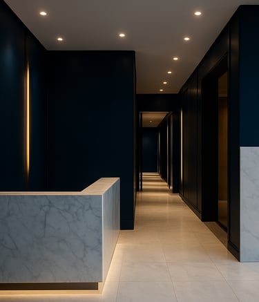 Professional architectural photography of a modern Australian law firm entrance. Features deep navy blue walls, gold accent lighting, and white marble surfaces. The style is premium and authoritative.