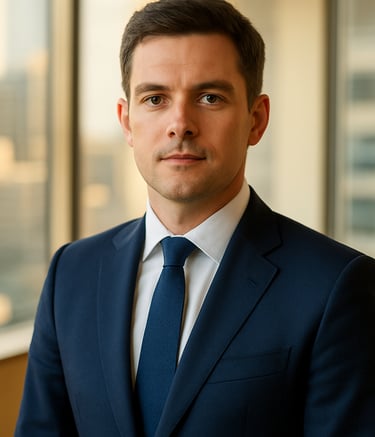 Professional corporate headshot of a solicitor in a tailored navy blue suit, set in a bright Australian office with blurred city views in the background. Natural lighting, warm gold tones, sharp focus.