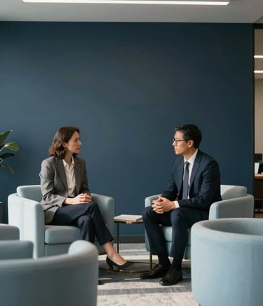 A wide-angle professional photograph of a clean, minimalist meeting space in a North American / US corporate setting. Two professionals are engaged in a calm, purposeful conversation. The room features a Deep Charcoal Blue accent wall and Pale Mist Blue furniture, bathed in soft afternoon light.
