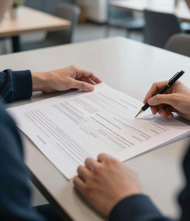 A close-up photograph of a professional's hands carefully reviewing a detailed project plan on a desk in a modern North American / US community center. The scene is lit with soft, natural light and features elements in Muted Slate Blue and Deep Charcoal Blue, conveying a sense of precision and intentionality.
