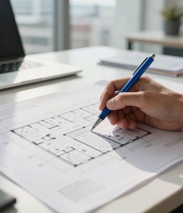 Close-up of professional architectural plans laid out on a clean desk in a bright office in a Latin American / Spanish-speaking city. An architect's hand is visible holding a steel blue pen, focusing on structural details. Soft, natural morning light, high-end professional feel.