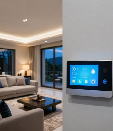 A sophisticated modern living room in a Latin American / Spanish-speaking residence with high-end integrated lighting and smart home technology. The lighting creates a warm ambiance, highlighting steel blue and deep ocean blue decor elements. High-quality photography, sharp focus, evening atmosphere.