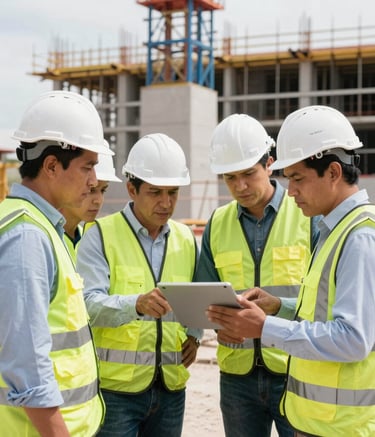 A group of professional engineers in white hard hats and reflective vests standing on a construction site in a Latin American / Spanish-speaking region, reviewing a large digital tablet together. Pristine white and steel blue equipment in the background, daytime.
