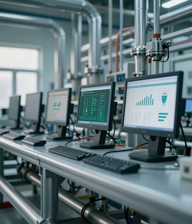 A high-tech, clean industrial facility featuring a network of polished steel pipes and advanced monitoring screens, illuminated with soft natural light. The scene incorporates a color palette of #1B3A32 and #4F7E6B to represent carbon emission reduction technology. Professional, modern, and trustworthy atmosphere.