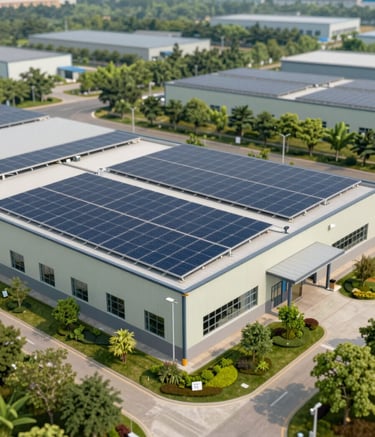 A wide-angle shot of a modern, eco-friendly waste processing center featuring solar panels on the roof and lush green landscaping around the perimeter. The building uses materials in #B0C8BE tones, reflecting an innovative and serene presence in nature.
