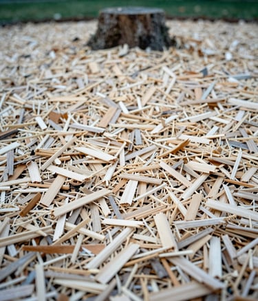 A close-up, low-angle shot of fresh cedar mulch and wood chips spread evenly over a level patch of ground where a stump was removed, soft morning light in a US suburban garden setting, sage and off-white tones.
