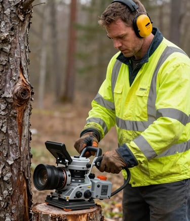 A professional operator in a North American setting wearing high-visibility safety gear and ear protection, operating a remote-controlled stump grinder with focused precision, professional tree service environment.