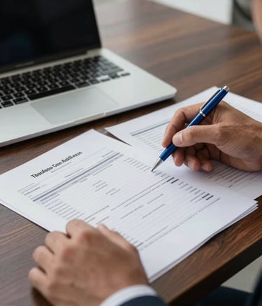 A close-up photograph of a professional South American businessman's hands reviewing high-quality printed administrative documents on a dark wood desk. A sleek, modern laptop and a steel blue pen are visible. Professional, sharp focus, natural office lighting.