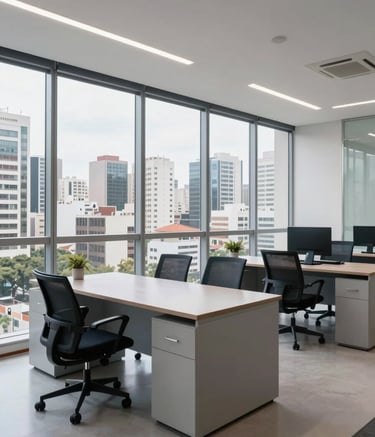 Wide shot of a modern, clean administrative office in a Brazilian business district. Large windows showing a cityscape. The interior features light gray and steel blue furniture. Professional and trustworthy atmosphere.