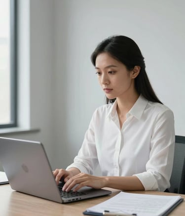 A focused administrative professional at work, typing on a laptop in a bright, organized office environment. Minimalist decor with light gray walls and professional South American styling.