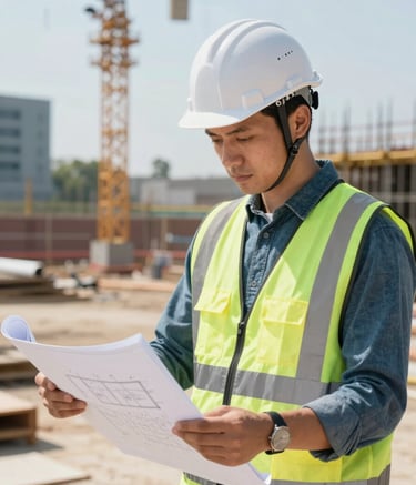 A professional civil engineer wearing a white hard hat and a reflective vest, looking over architectural blueprints on a sunlit construction site. The style is modern and clean, incorporating tones of #5F7C8A and #2D3E50 in the clothing and equipment.