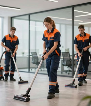Professional cleaning crew in navy and orange uniforms working in a bright, modern glass-walled office in Hillegom. They are using professional-grade vacuuming and dusting equipment.