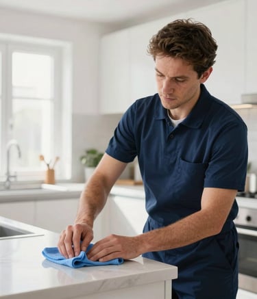 A professional cleaner in a navy blue uniform using a microfiber cloth to clean a bright, modern kitchen in a Northern European home. Natural light floods the room, showing a clean, high-end interior.