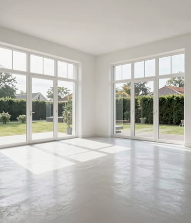 Wide shot of a pristine, minimalist Dutch living room with large windows. The surfaces are polished and the atmosphere is airy and clean, reflecting professional residential cleaning excellence.