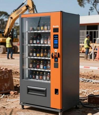 A robust, industrial smart vending machine standing on an active Australian construction site during a clear day. The machine features a modern charcoal and orange finish, with high-visibility workers and heavy machinery blurred in the background. Professional photography, sharp focus, Oceania region context.