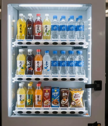 Detailed photography of the interior of a vending machine stocked with energy drinks, cold water bottles, and healthy snacks. The lighting is bright and clean, emphasizing a modern and well-maintained service in an Oceania industrial setting.
