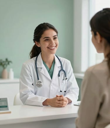 A compassionate veterinarian smiling while looking at a pet owner in a modern Latin American / Spanish clinic reception. The environment is calming with Sage Green walls and Soft Pearl White furniture. High-quality photography, professional atmosphere.