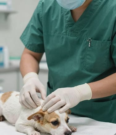 A close-up of professional veterinary hands in Deep Forest Green scrubs performing a gentle physical examination on a small pet in a clean, modern Latin American / Spanish veterinary clinic. The lighting is soft and clinical, using a palette of Soft Pearl White and Sage Green.