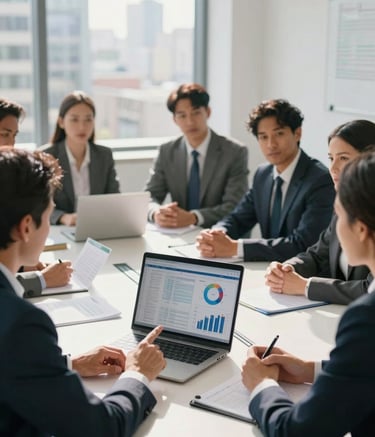 Professional photography of a diverse group of business leaders in formal attire engaged in a strategic discussion in a bright, sunlit boardroom in a US city. The composition is focused on a person pointing at a laptop screen with data analysis charts. The lighting is natural and crisp, highlighting a mood of trust and expertise.