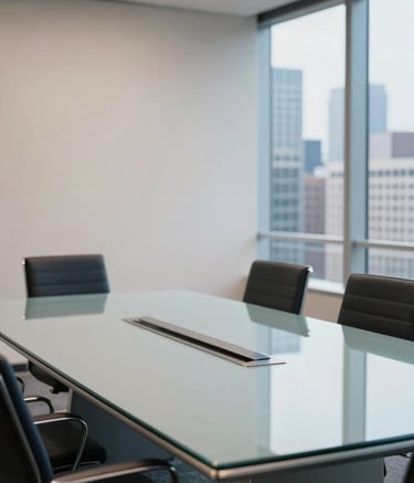 A high-angle professional photograph of a clean, modern corporate office environment in a North American city. The scene features a large glass conference table reflecting soft light, with a blurred view of a metropolitan skyline in the background. The color palette emphasizes off-white and deep blue tones, projecting an authoritative and sophisticated mood.