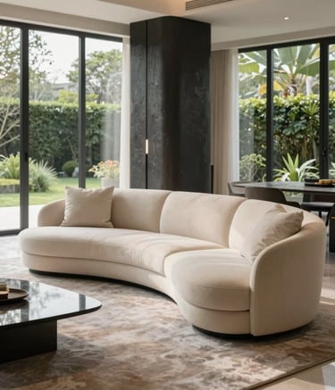 A high-end modern living room featuring a curved soft cream sofa, dark charcoal architectural pillars, and floor-to-ceiling windows overlooking a serene garden. The lighting is bright and airy, highlighting warm taupe silk rugs on the floor.