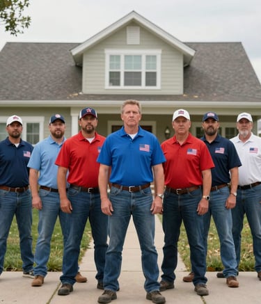 A professional team of workers in patriotic themed apparel standing proudly in front of a renovated home in Colorado Springs, North American setting, conveying integrity and professional reliability.