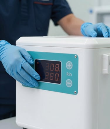 Close-up of a state-of-the-art temperature-controlled medical transport container with a digital thermal display. A professional courier's hand in a blue nitrile glove is visible, emphasizing precision and safety. The lighting is clean and clinical, with a palette of #F5F8FA and accents of #3B6B7C.
