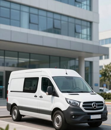 A modern, white medical courier van with subtle professional branding, parked in front of a sleek, contemporary hospital entrance. The atmosphere is professional and calm. Subtle use of #3B6B7C and #A0D2DB in the reflections and sky to maintain brand consistency.