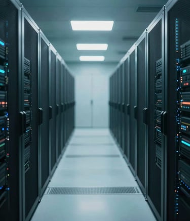 A wide-angle interior view of a futuristic data center corridor. Symmetrical rows of black server cabinets recede into the distance. The flooring is polished and reflects the soft teal lighting from the ceiling. Incorporates a palette of #2E4F4F and #ECF0F1 for a clean, efficient aesthetic.