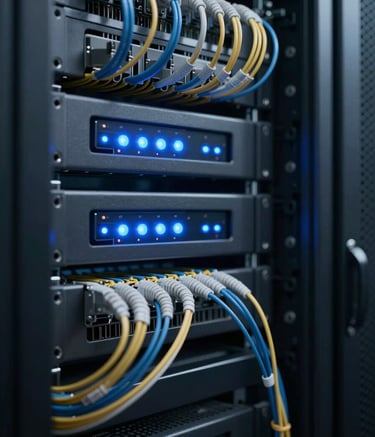 A close-up shot of a high-tech server rack in a modern data center, featuring glowing blue LED indicators and neatly organized fiber-optic cables. The lighting is sophisticated and moody, emphasizing a cool #0F172A and #A1B5BB color palette. The composition is sharp and detailed, conveying cutting-edge reliability.
