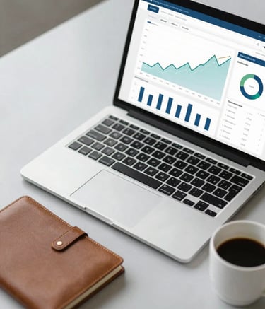 A top-down, clean workspace view featuring a laptop showing a professional financial dashboard with green and blue growth charts. Beside the laptop is a leather-bound notebook and a cup of coffee on a light grey desk. The lighting is soft and natural, emphasizing a calm and organized environment. The color palette incorporates shades of #1E3A5F and #4A729A.