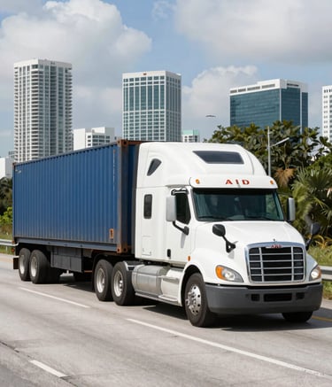 Truck transporting full container load through Miami highways.