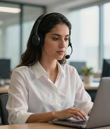 Photography of a professional South American / Brazilian woman wearing a sleek headset, focused on a laptop screen in a bright, modern administrative office with warm natural lighting and soft blue accents.