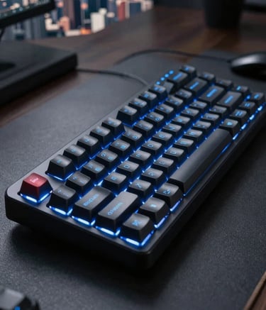 Detailed close-up of a high-tech mechanical keyboard with electric blue backlighting in a dark, minimalist office setting in a Latin American city, professional and sophisticated atmosphere.