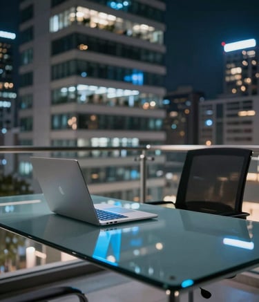 A modern, minimalist workspace in a high-rise Latin American building at night, featuring a clean glass desk with a sleek laptop reflecting electric blue light, focused on a professional and technologically advanced environment.