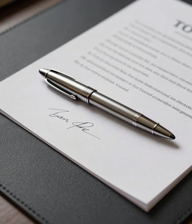 A close-up photograph of a luxury silver fountain pen resting on top of a signed legal contract. The background is a textured dark charcoal leather desk mat. The lighting is soft and directional, highlighting the metallic finish of the pen and the off-white paper. Minimalist and sharp composition.