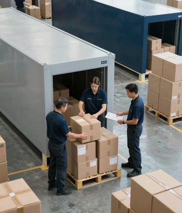 A high-angle shot of a clean, modern logistics warehouse in Maryland with professional staff organizing boxes. The scene features Soft Silver Blue and Deep Navy Blue industrial equipment, with bright natural lighting.