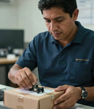Close-up of a logistics professional in a South American / Bolivian office environment carefully inspecting a package of high-tech spare parts. The lighting is soft and professional, incorporating Muted Forest Teal and Deep Navy Blue tones.