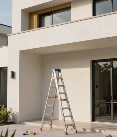 A high-end modern residential exterior in Malibu, North American / Southern California. The scene shows a clean architectural facade with professional painting equipment like a neatly placed ladder and high-quality brushes nearby. The colors include off-white surfaces and muted gold trim accents under soft, natural daylight.